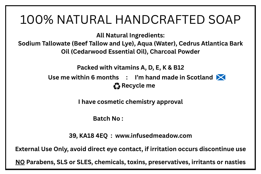 Pure Tallow Soap Bar, handcrafted, all natural, Charcoal and Cedarwood